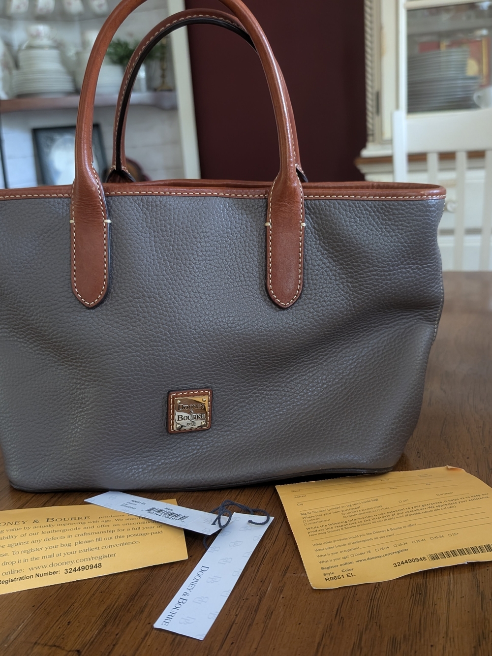Dooney & Bourke Elephant Grey Leather- BrownTrim Pebble Tote
